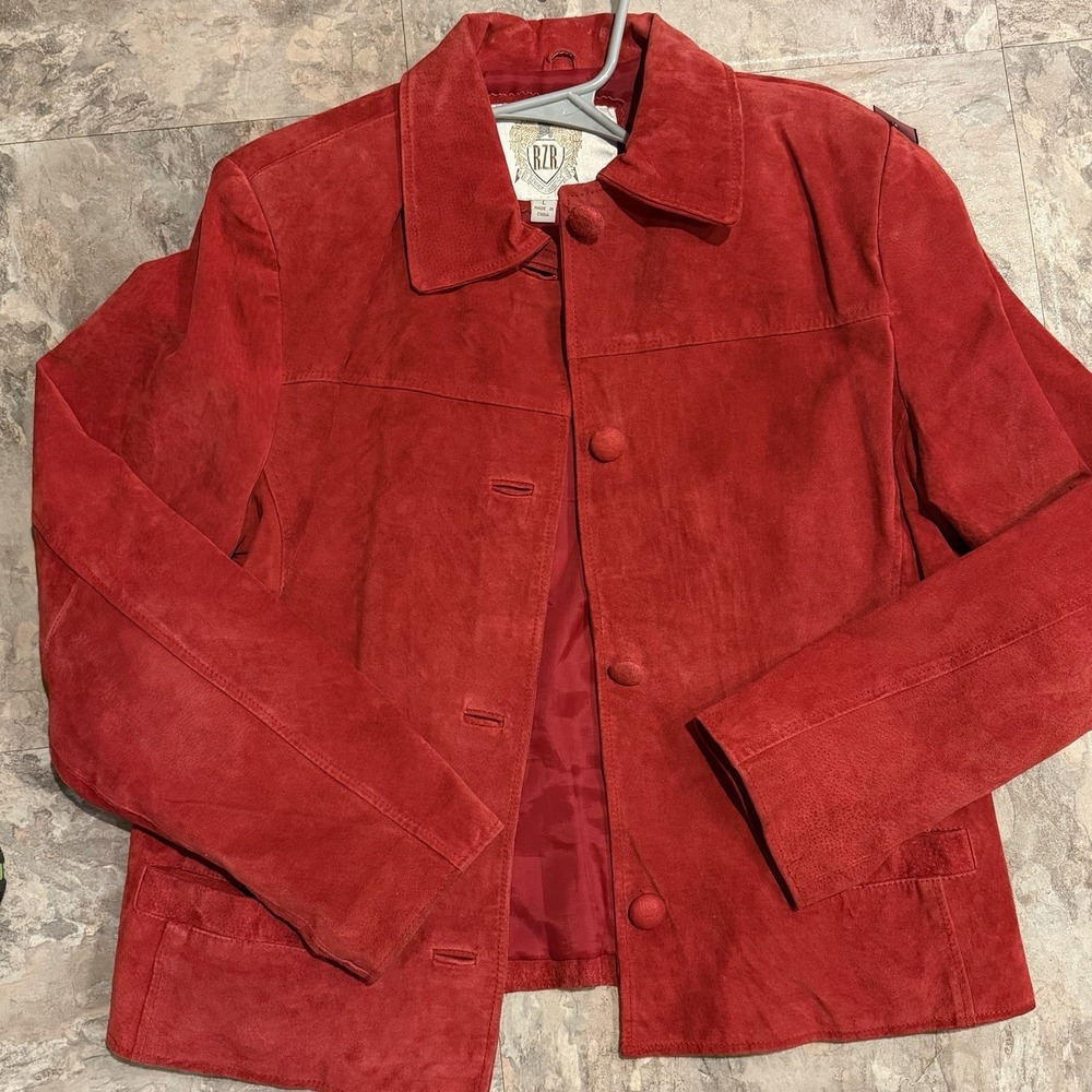 Vintage RZR 100% Suede Leather Jacket Womens L Burgundy 90s Blazer Coat
